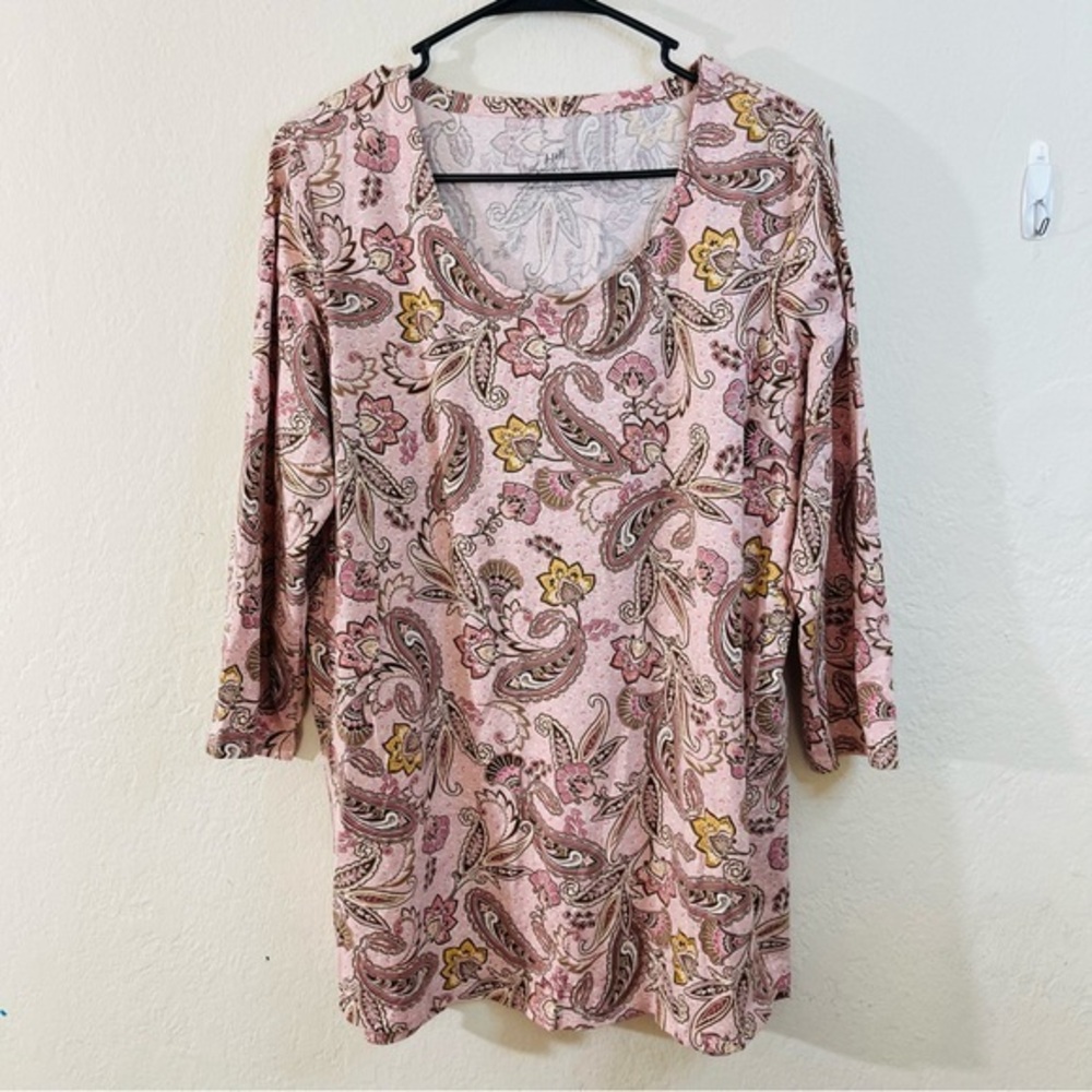 J. Jill Floral Paisley 3/4 Sleeve Luxe Supima Cotton Top Women Size L Stretch